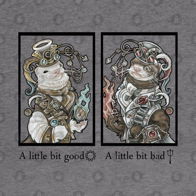 Steampunk Devil and Angel Ferrets - 'A little bit good, A little bit bad' - Black Outline by Nat Ewert Art